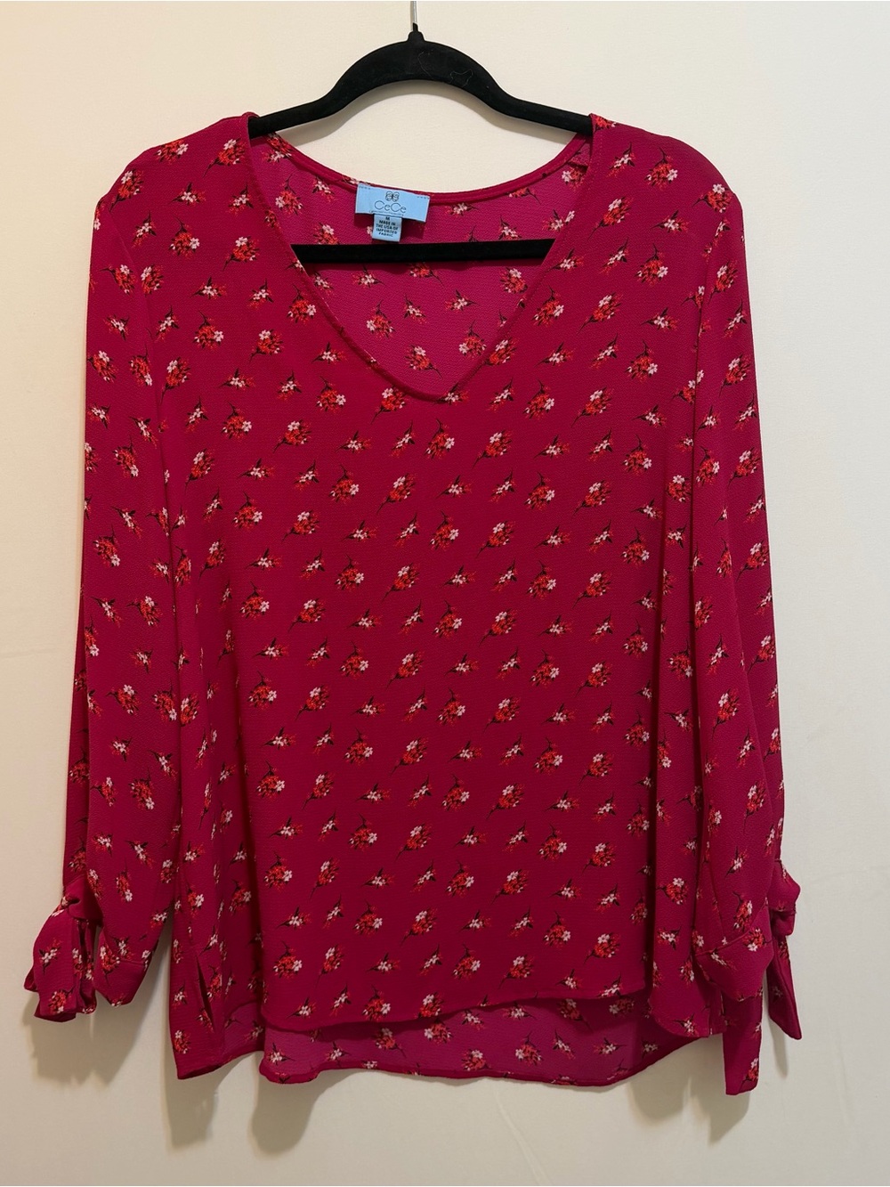 CeCe Fuchsia Floral V-Neck Long Sleeve Top with Tie Cuffs